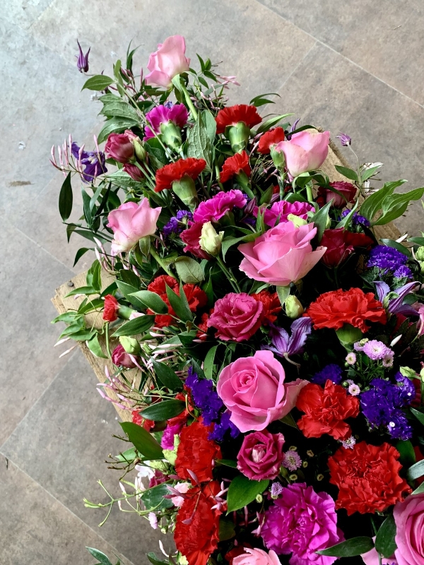 Red and Cerise Rose Single Ended Casket Spray
